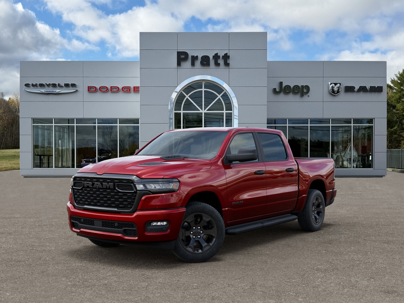 2026 RAM Ram 1500 RAM 1500 EXPRESS CREW CAB 4X4 5'7' BOX in Molten Red Pearl-Coat Exterior Paint — front three-quarter view