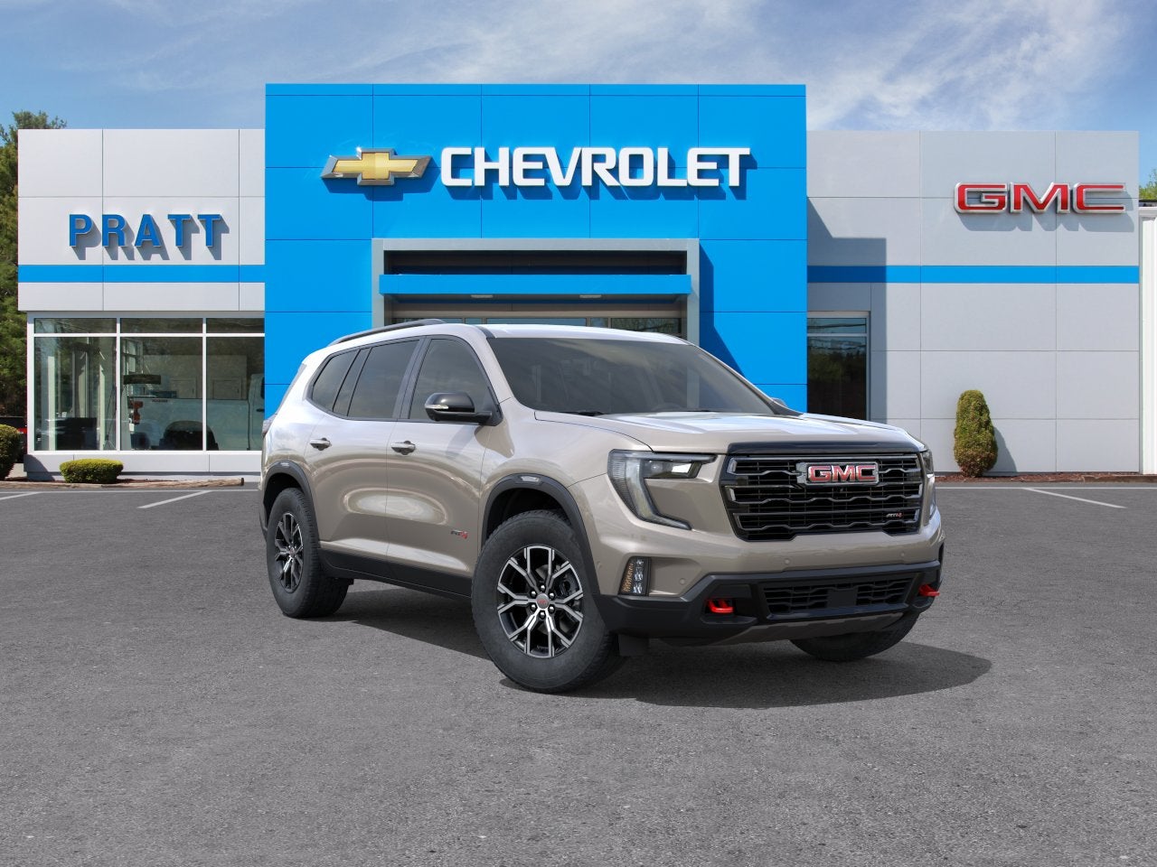 2026 GMC Acadia AT4 in Riverstone Metallic — front three-quarter view